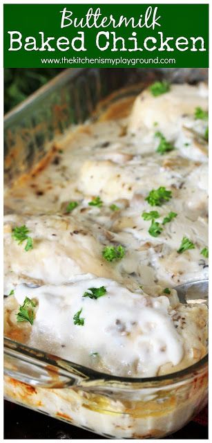 a casserole dish filled with chicken covered in gravy and parsley