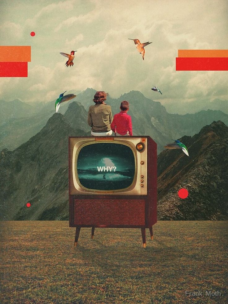 two people sitting on top of a tv set with birds flying around the television screen