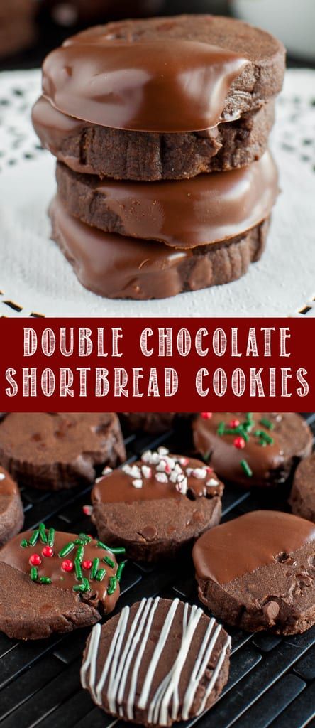 double chocolate shortbread cookies are stacked on top of each other and decorated with candy