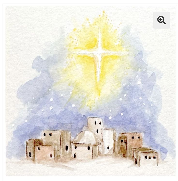 a watercolor painting of a church with a cross above it