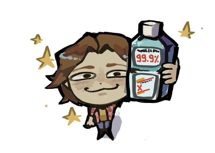 a drawing of a man holding a bottle of mouthwash with stars in the background