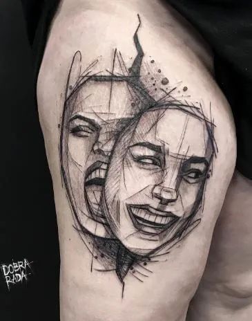 Tattoo Ideas for Body and Soul Woman Mask Tattoo Design, Wearing A Mask Tattoo, Different Faces Tattoo, Two Face Tattoo Mask Women, Masked Face Tattoo, Two Face Woman Tattoo, Double Faced Tattoo, Gemini Two Face Tattoo For Men, Double Face Tattoo Design