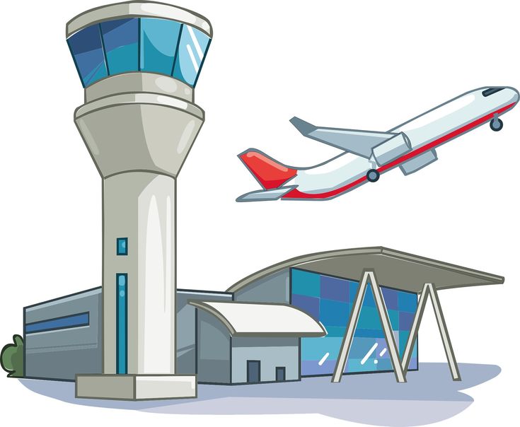 an airplane is flying over the airport and control tower, with another plane in the background