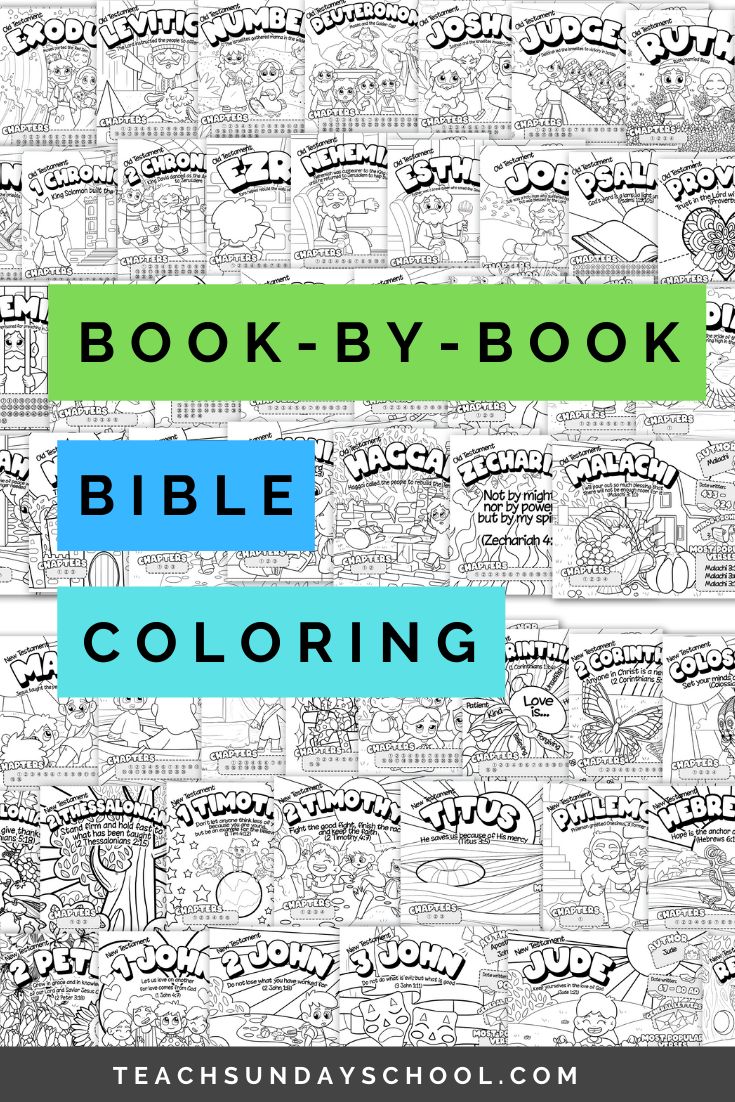 the book - by - book bible coloring page is shown with text overlaying it