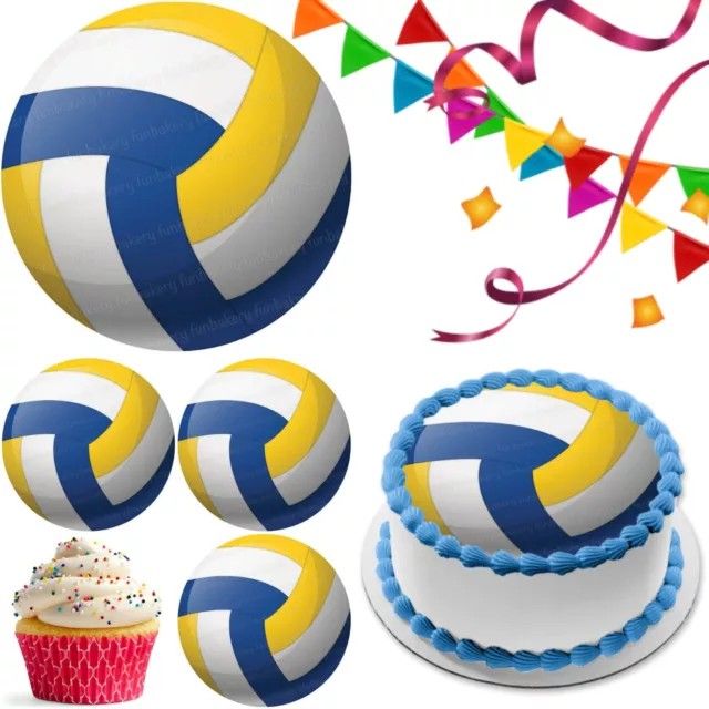 a volleyball cake and cupcakes with streamers