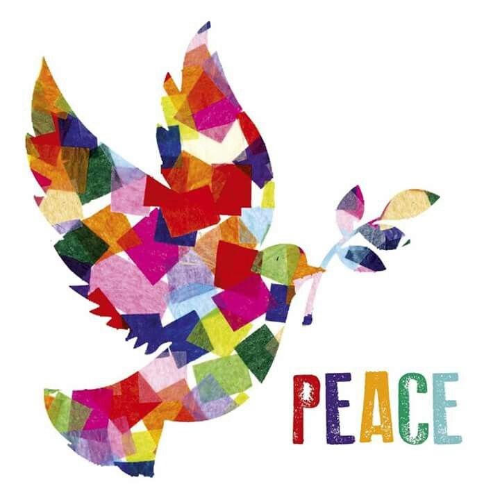 a colorful bird with the word peace painted on it's side and words below