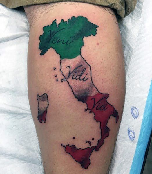 a man with a tattoo on his leg that has the map of italy painted on it