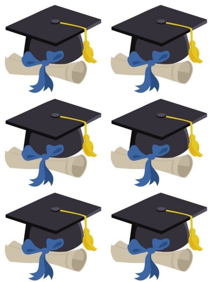 six graduation caps with blue ribbons and tassels are shown in this set,