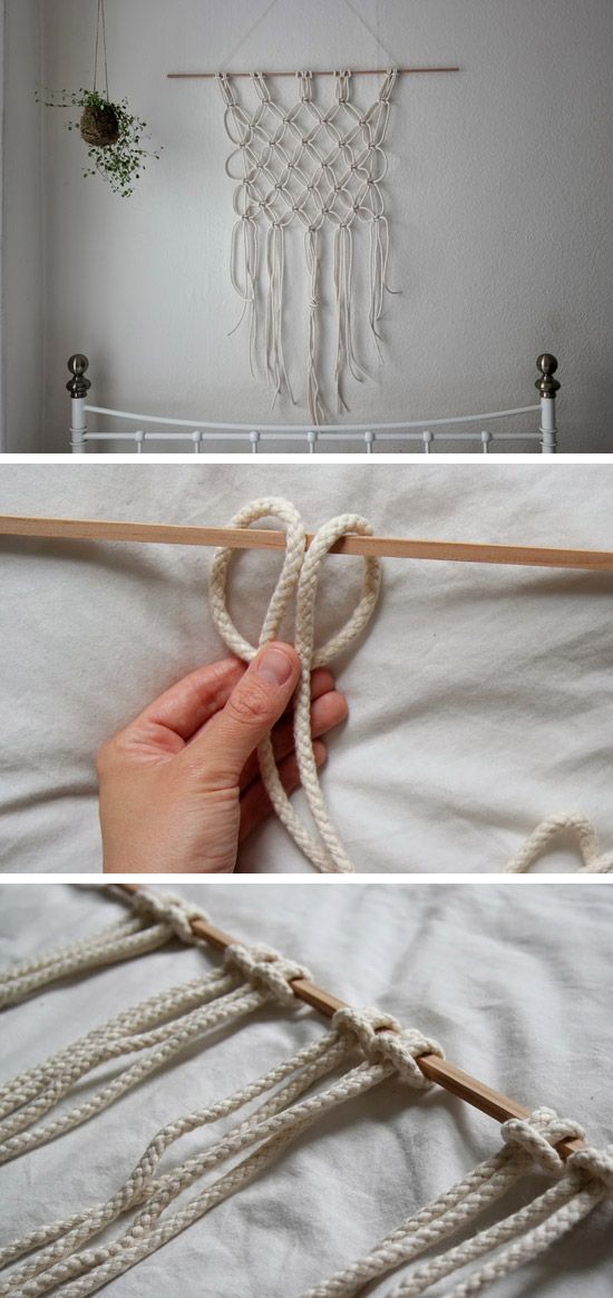 three pictures showing how to make a macrame dream catcher with yarn and wood