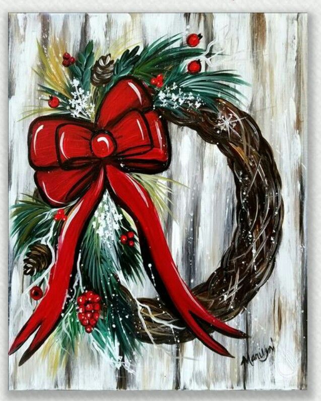 a painting of a christmas wreath with a red bow hanging on a wooden fence behind it