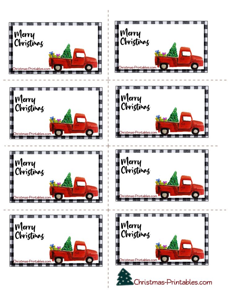 four christmas gift tags with red truck and tree