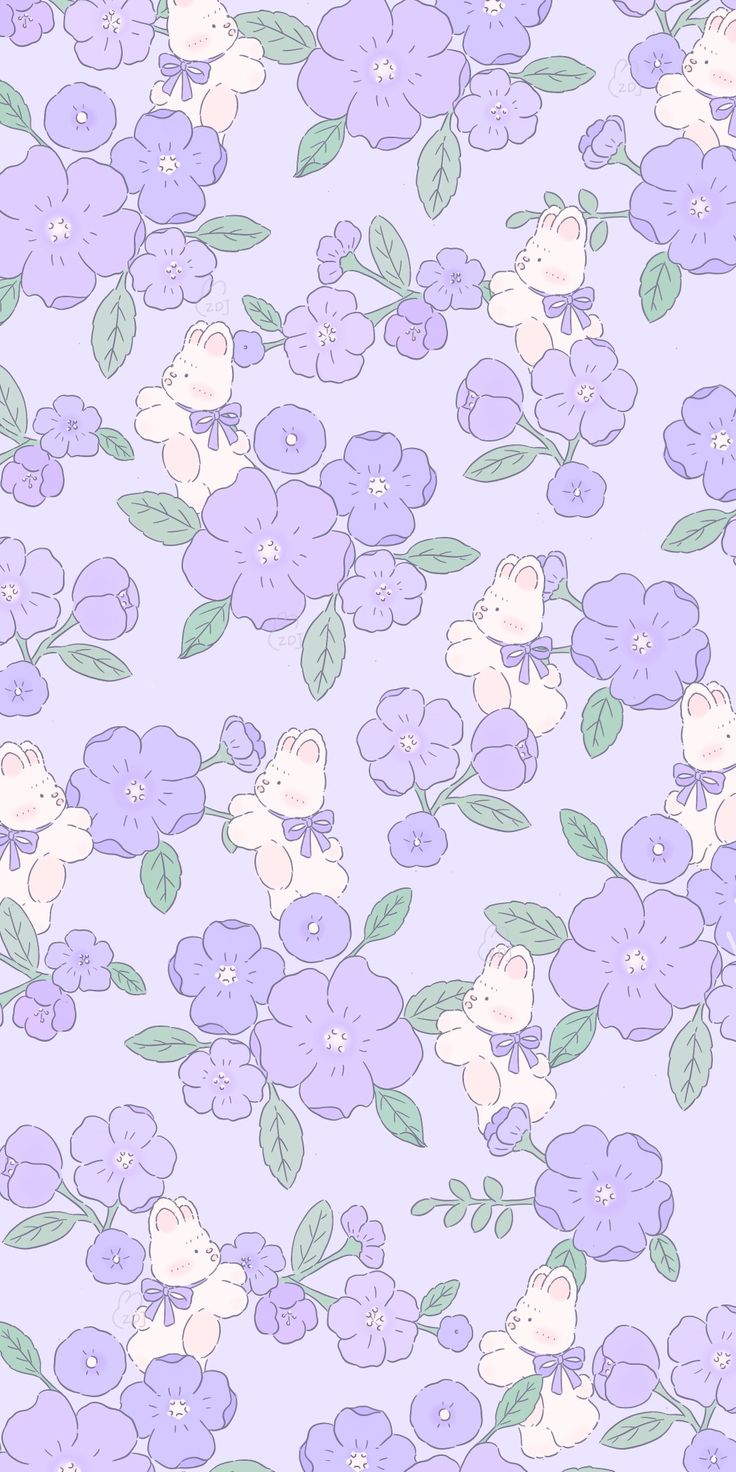 a purple flower pattern with green leaves and flowers on the side, in pastel colors