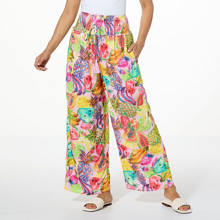 Antthony Printed Woven Pull-On Wide-Leg Crop Pant  Cut from a silky woven rayon fabric with a cropped length and wide, full legs, these printed pull-on pants are a cool remake of a closet classic. Spring Patterned Loungewear Pants, Patterned Bottoms For Spring, Patterned Pants With Elastic Waistband For Spring, Stretch Rayon Bottoms For The Beach, Stretch Rayon Bottoms For Beach, Stretch Rayon Beach Bottoms, Summer Wide Leg Patterned Pants, Multicolor Wide Leg Pants For Spring Vacation, Multicolor Wide-leg Bottoms With Elastic Waistband