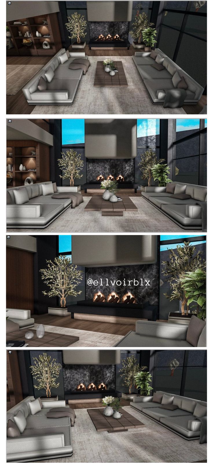 three different views of a living room with couches and fireplace in the center, from top to bottom