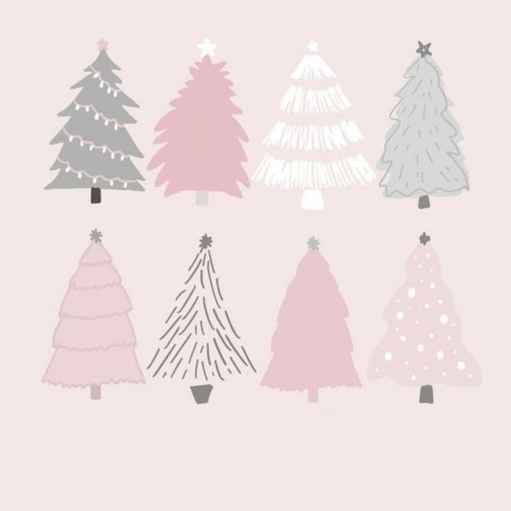 a card with different types of christmas trees in pink, grey and white colors on it