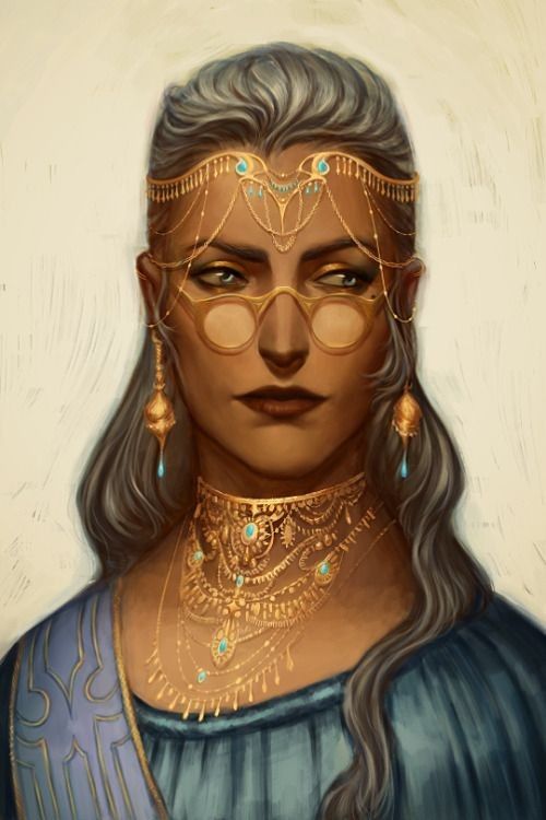 a painting of a woman with glasses and gold jewelry on her face, wearing an elaborate head piece