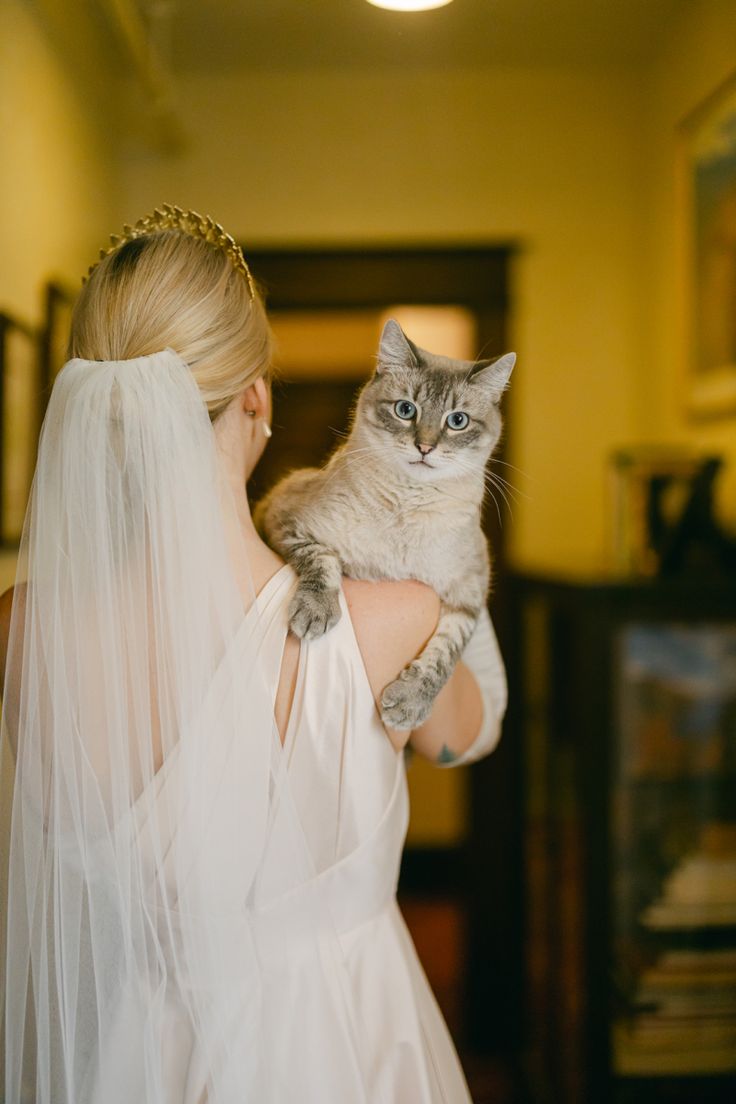 a woman in a wedding dress holding a cat