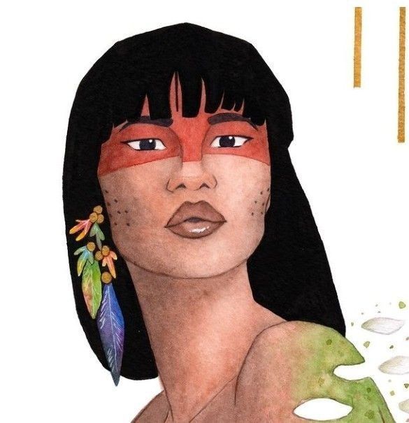 a drawing of a native american woman with feathers on her head and green leaves in her hair