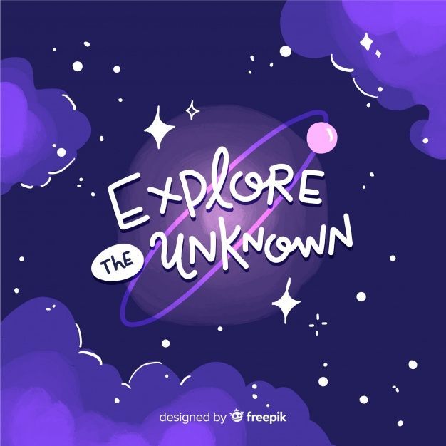 an advertisement with the words explore the unknown on it in purple clouds and stars against a dark blue background