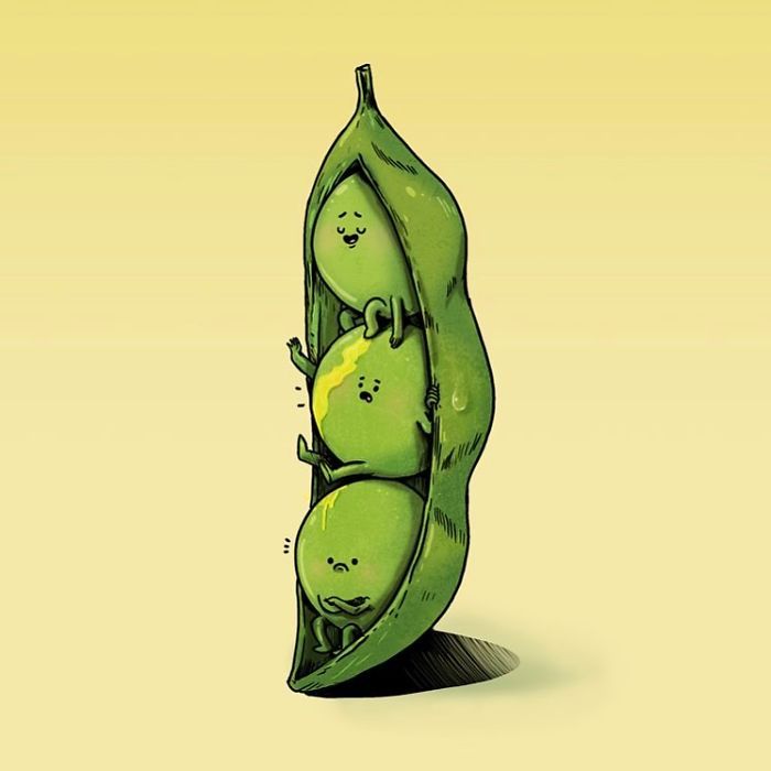 three peas in a pea pod with faces drawn on them, as if they are hugging