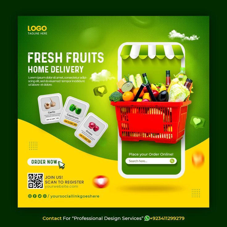 a flyer for fresh fruits and vegetables delivery with an image of a shopping basket full of groceries