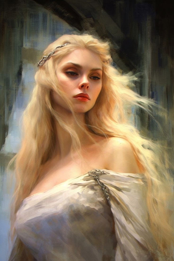 a painting of a woman with long blonde hair wearing a tiara and white dress