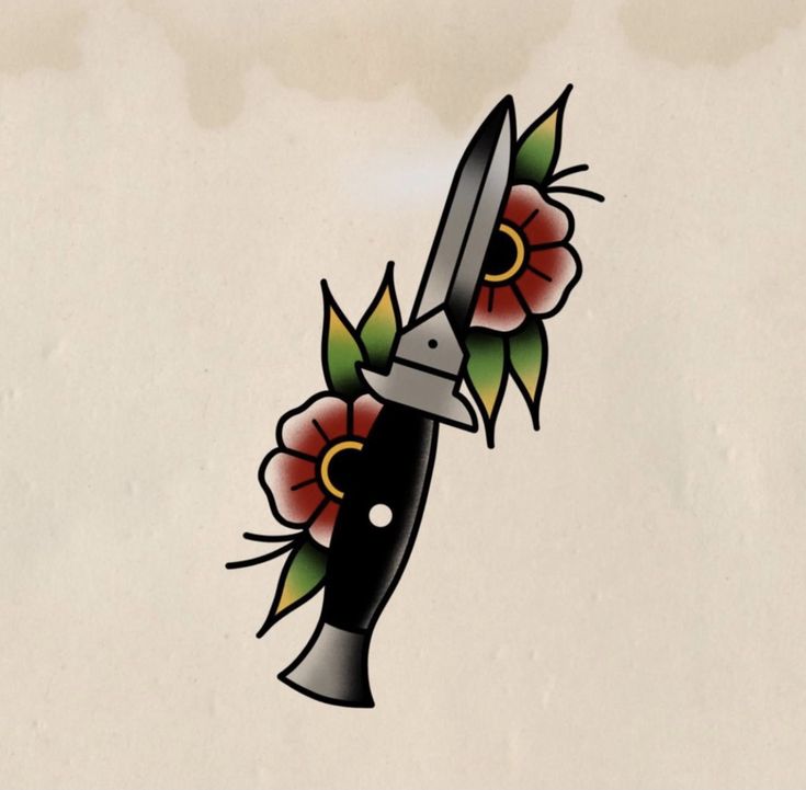 a tattoo style knife with flowers on the side and an arrow in the middle is shown