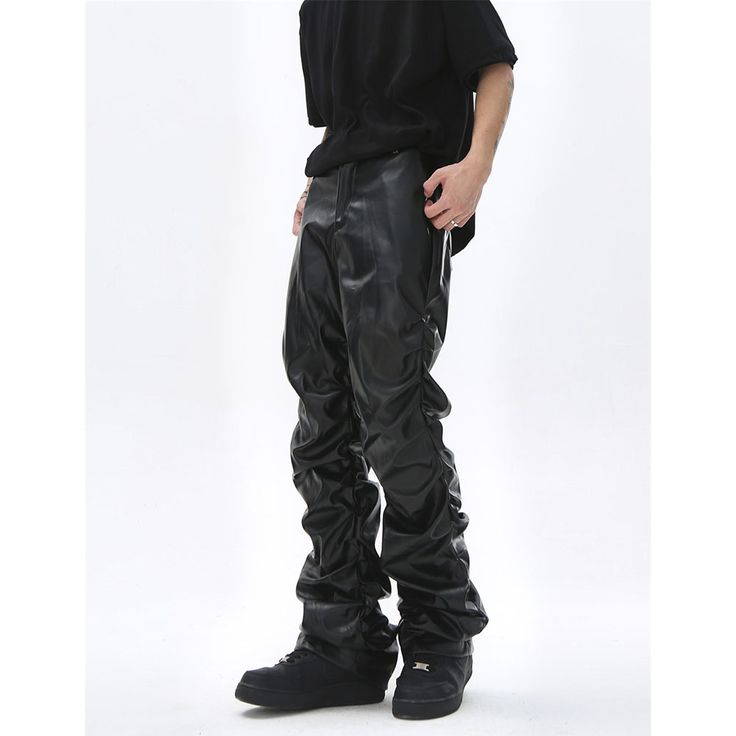 Niche Punk Pu Leather Pants  Material: PU  Size: S, M, L, XL Color: Black  Season: Spring, Fall,   Occasion: Leisure, Outdoor, Daily, Vacation,Fall Outfits Faux Leather Pants For Streetwear, Fitted Faux Leather Pants For Streetwear, Black Grunge Bottoms For Concert, Black Stretch Pants For Halloween, Black Fitted Punk Bottoms, Fitted Black Punk Bottoms, Baggy Punk Bottoms For Concert, Black Rocker Bottoms For Alternative Fashion, Black Punk Pants For Halloween