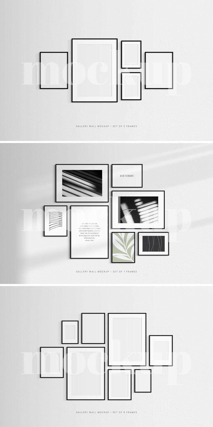 Gallery Wall Mockups ∣ Black Frame Mockups ∣ Art Mockups ∣ PSD Gallery Wall Frame Mockups Photo Wall Layout, Picture Frame Arrangements, Wall Sticker Ideas, Gallery Wall Template, Gallery Wall Mockup, Wall Layout, Picture Gallery Wall, Frame Layout, Gallery Wall Layout