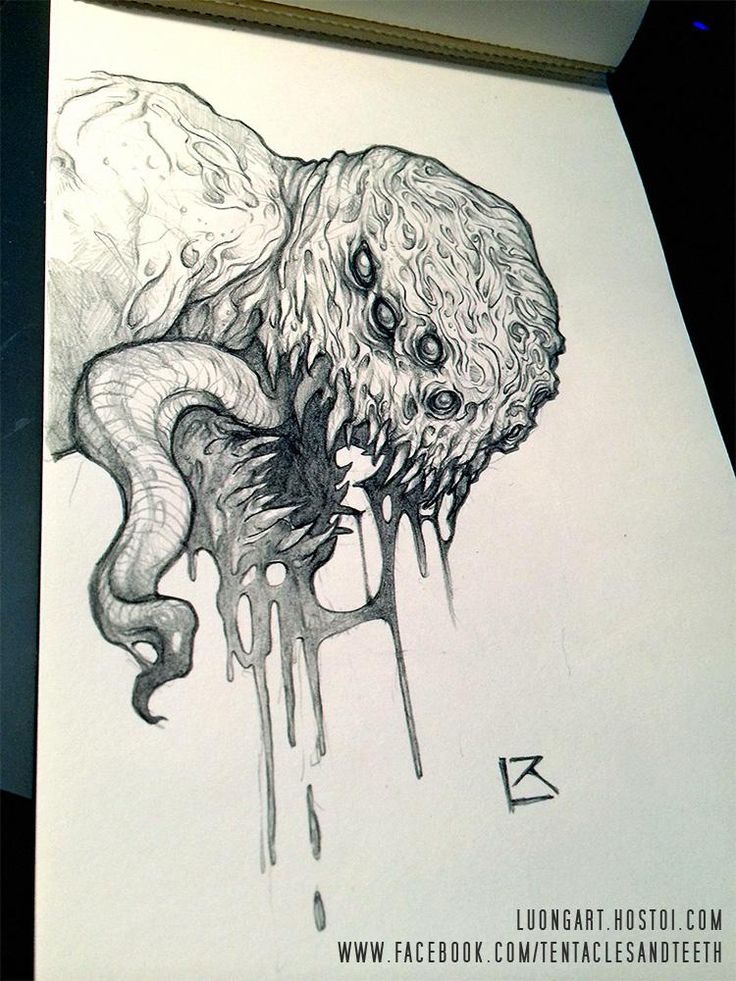 an ink drawing of a monster with blood dripping from it's mouth