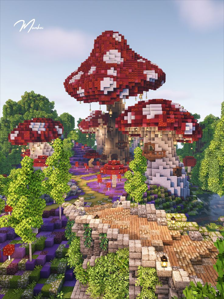 the mushroom houses are all made out of legos and trees in this video game