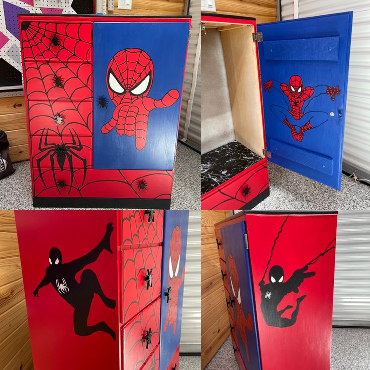 four different pictures of spiderman painted on the side of a dresser with doors open