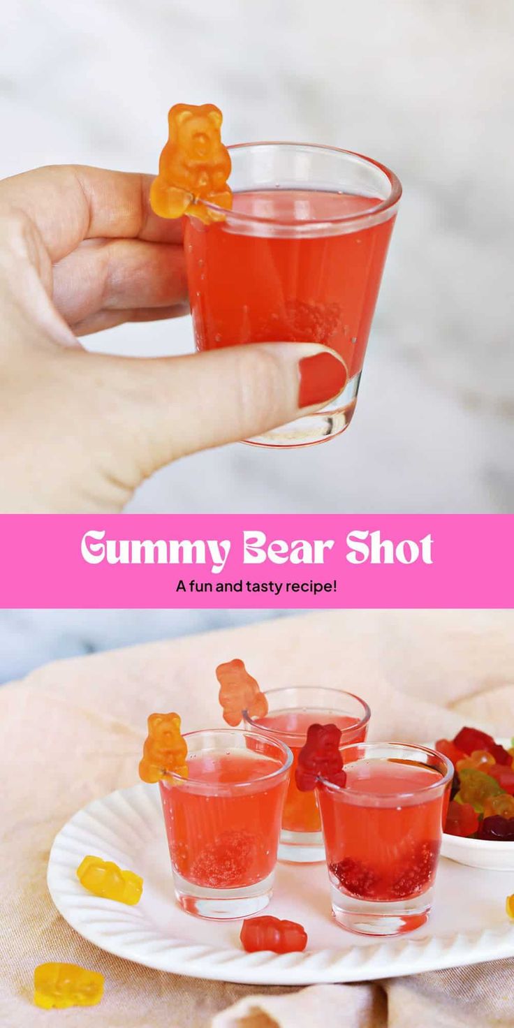 the gummy bear shot is being served on a plate with jelly bears in it