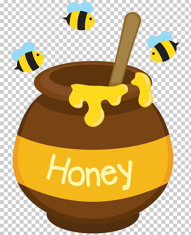 a honey jar with bees flying around it and the word honey in front of it