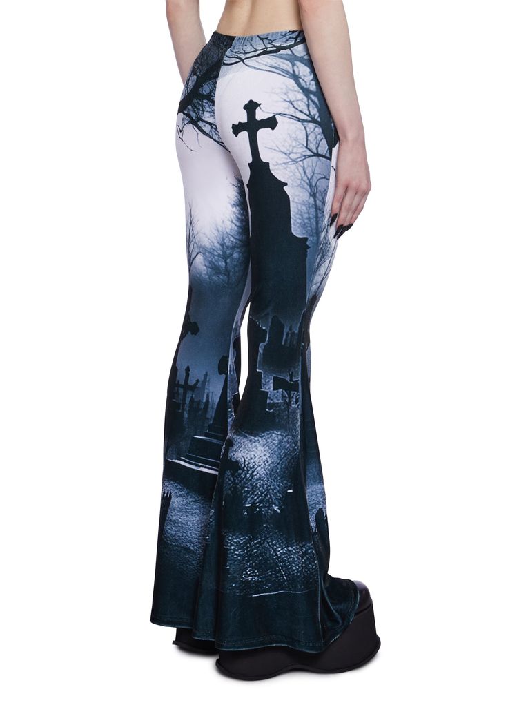 These pants have a velvet construction with an all-around graveyard graphic, a flared leg design, and an elastic waistband for a pull-on fit. Womans Halloween Costume, Halloween Costume Spooky, Windsor Smith, Costume Store, Pride Outfit, Flare Leg Pants, Leg Design, Graveyard, Pants Black