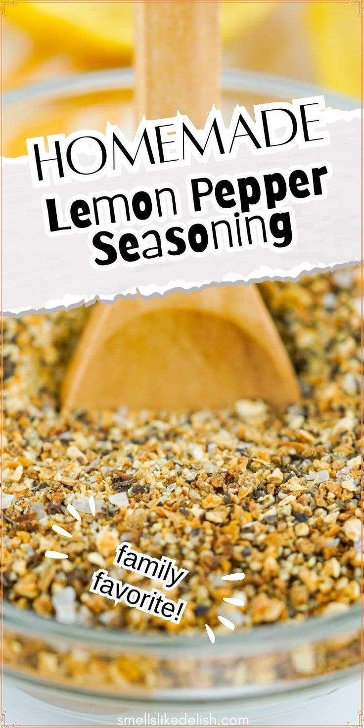 homemade lemon pepper seasoning recipe in a glass bowl with a wooden spoon on top