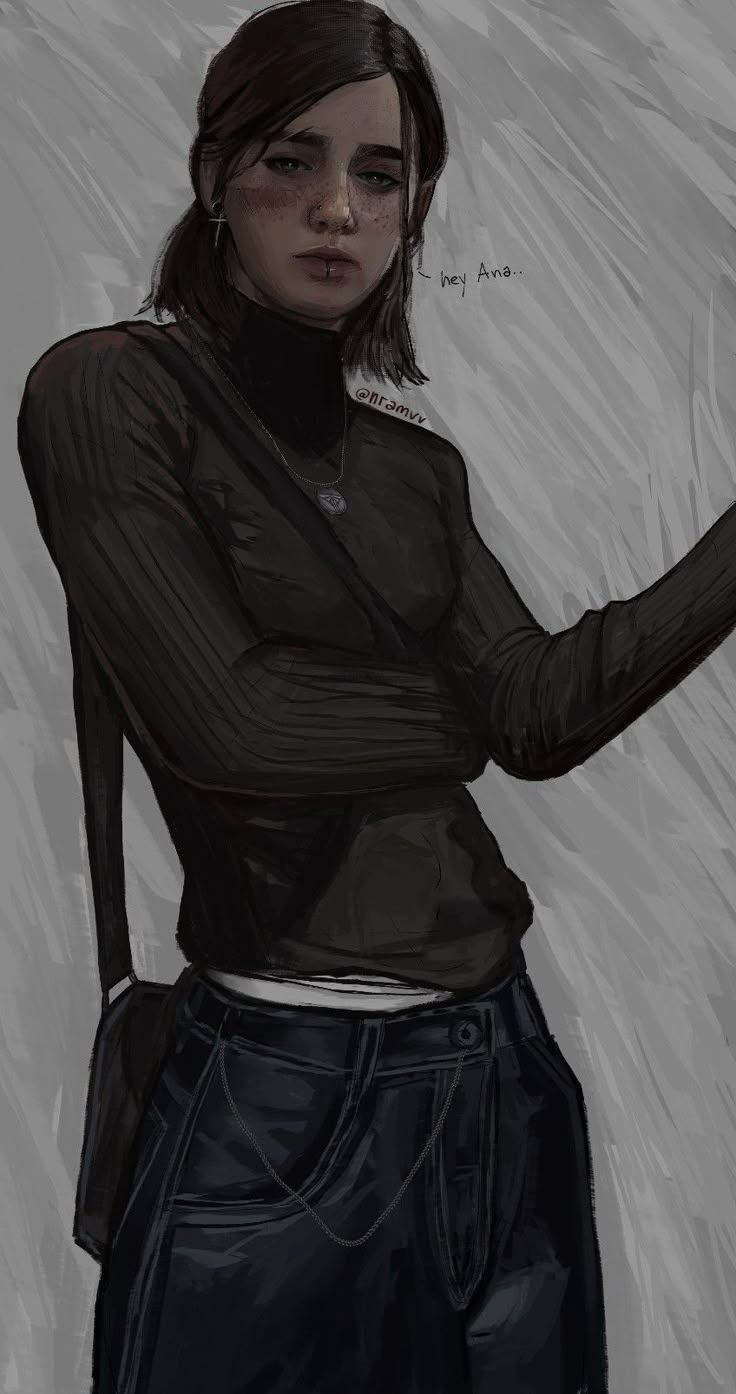 a drawing of a woman in black shirt and jeans holding an object with her hand