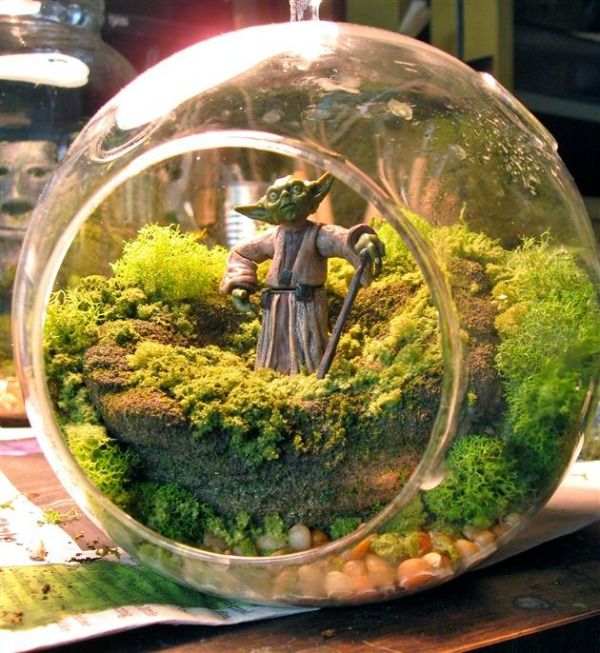 a star wars scene in a glass ball with moss and rocks on the table next to it