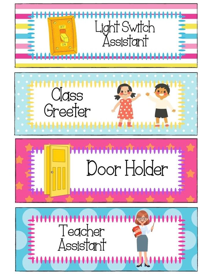 three classroom name tags with cartoon characters on them