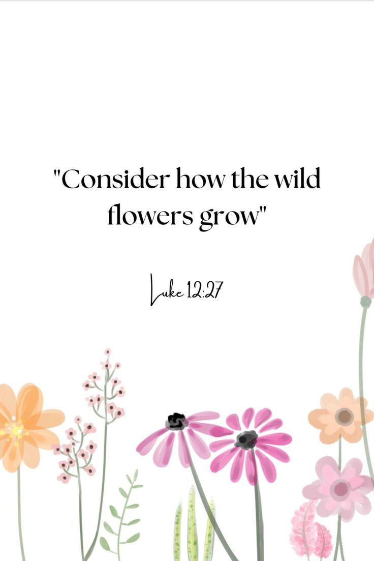 Bible Verse Digital Download, Luke 12:27 Wildflowers Bible Verse, Bible Flower Quotes, Christian Flower Quotes, Christian Spring Quotes, Garden Bible Verses, Consider The Wildflowers Wallpaper, Bible Verse About Flowers, Consider How The Wildflowers Grow Tattoo, Consider How The Wildflowers Grow