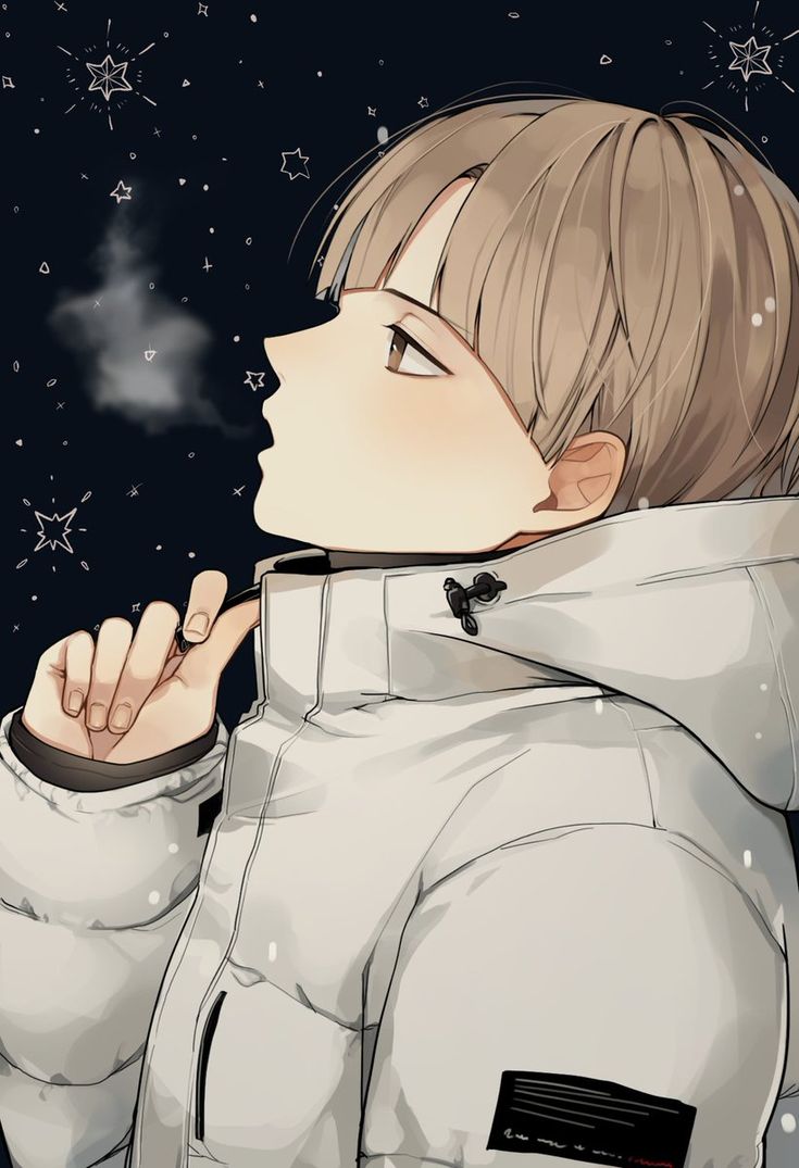 a boy in white jacket looking up at the sky with his hand on his mouth