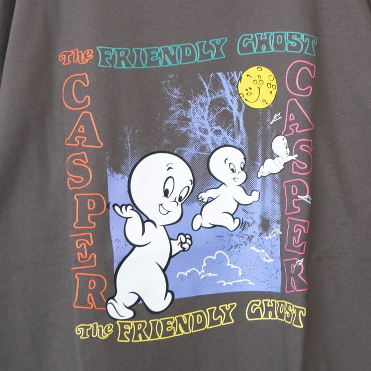 a grey shirt with an image of casper and ghost on the front that says, the friendly ghost