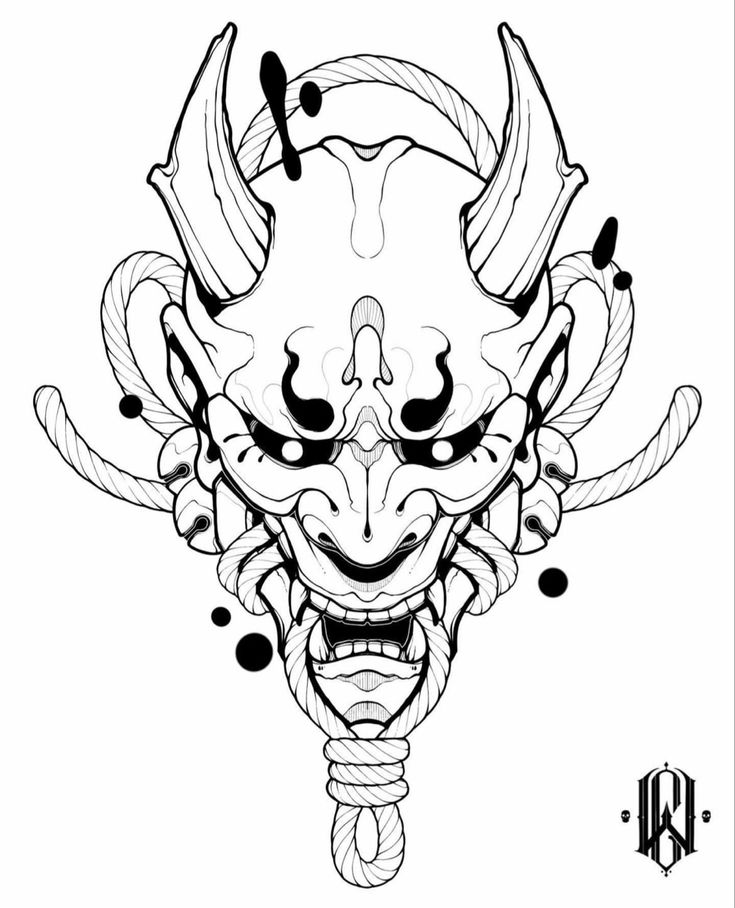 a drawing of a demon head with horns