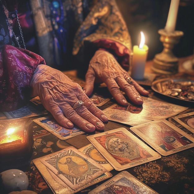 an old woman's hands are surrounded by tarot cards and candles on a table