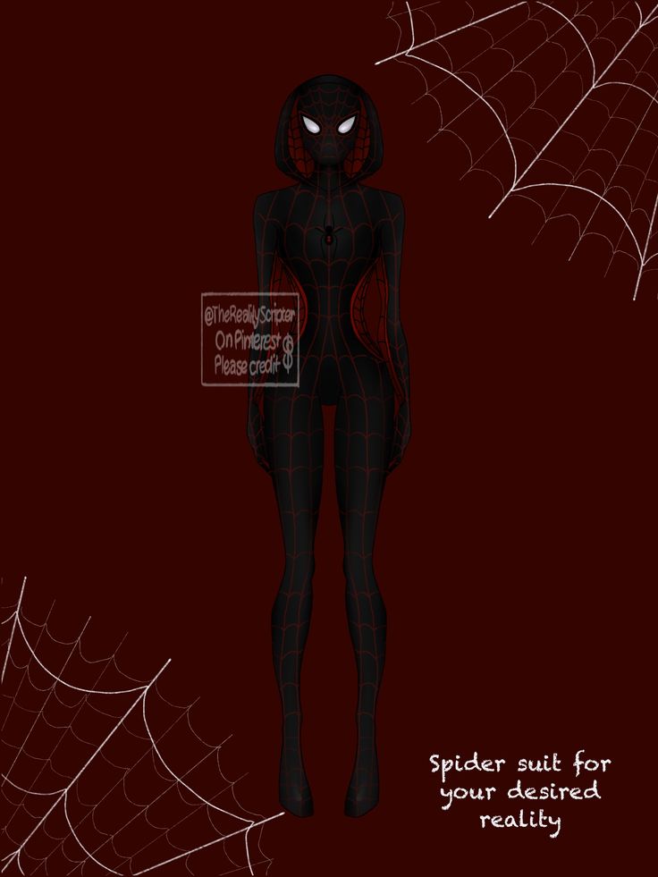 a black spider woman standing in front of a red background with webs on it