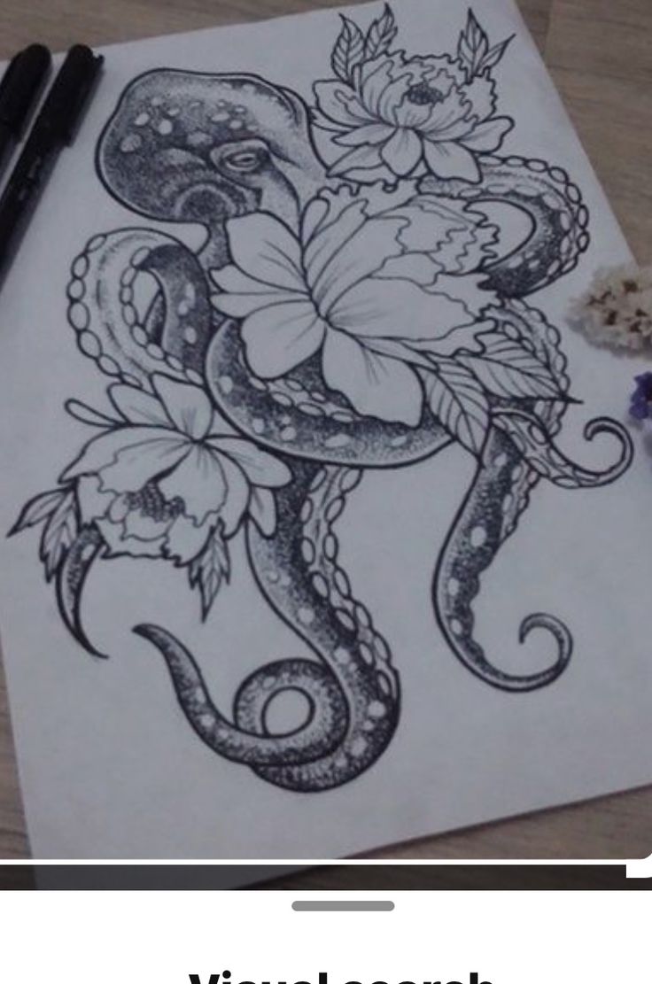 a drawing of a snake with flowers on it