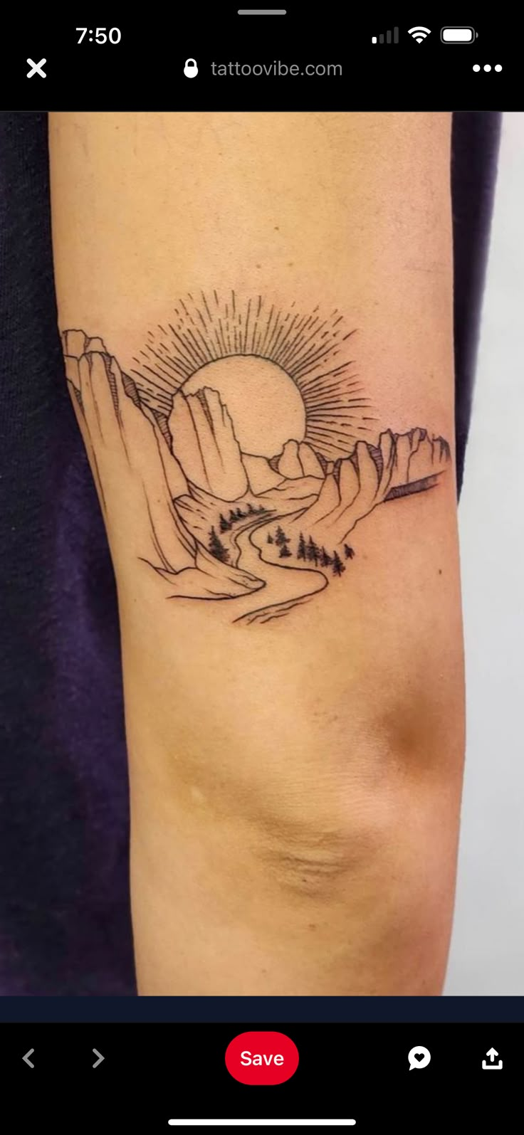 a tattoo on the arm of a woman with mountains and sun in the background,