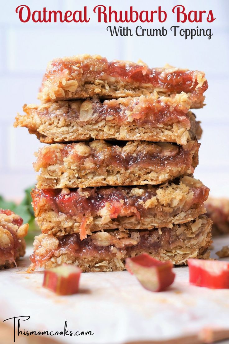 stacked oatmeal rhubar bars with crumb topping