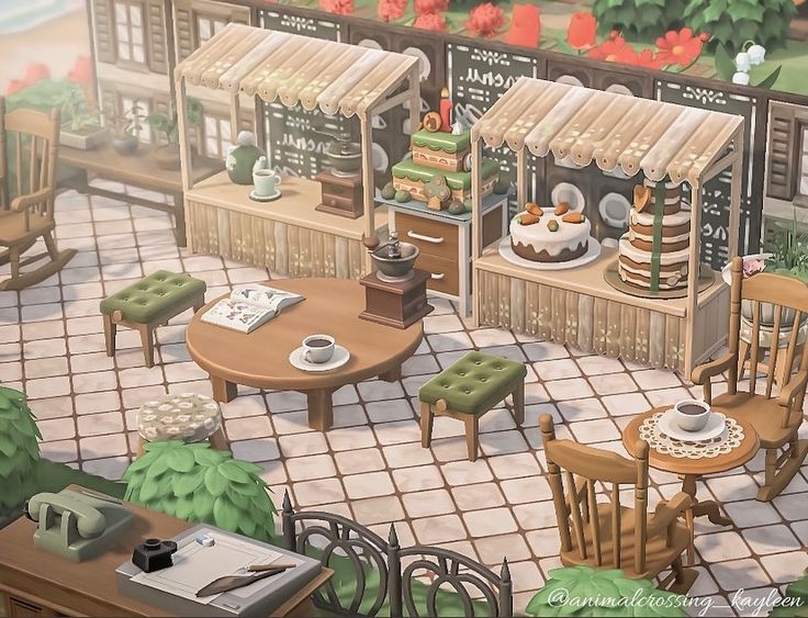 an animated image of a cafe with tables, chairs and other items on the table