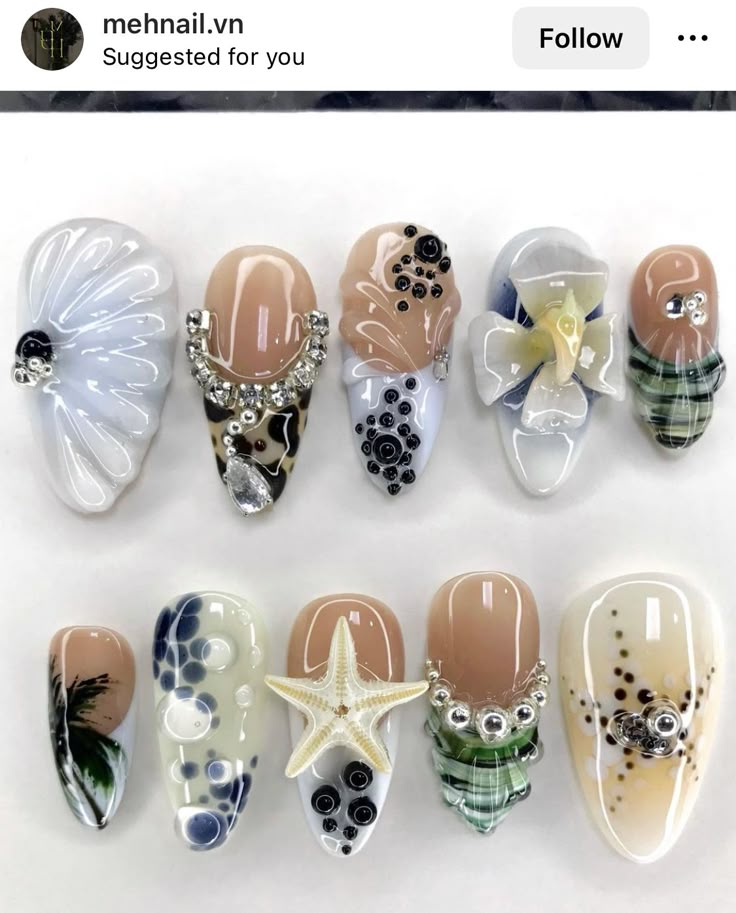 Nail Designs Ocean, Ocean Nail, 3d Nail Designs, Solid Color Nails, Summery Nails, Beach Nails, 3d Nail, Add Ons, Nail Accessories